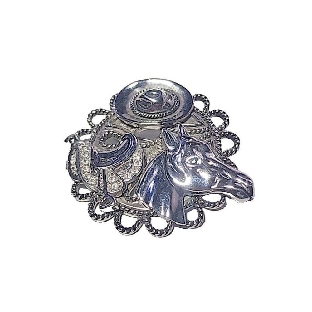 Vintage Silver Tone Horse Cowboy Hat Saddle Brooch Rhinestone Green Eye Western